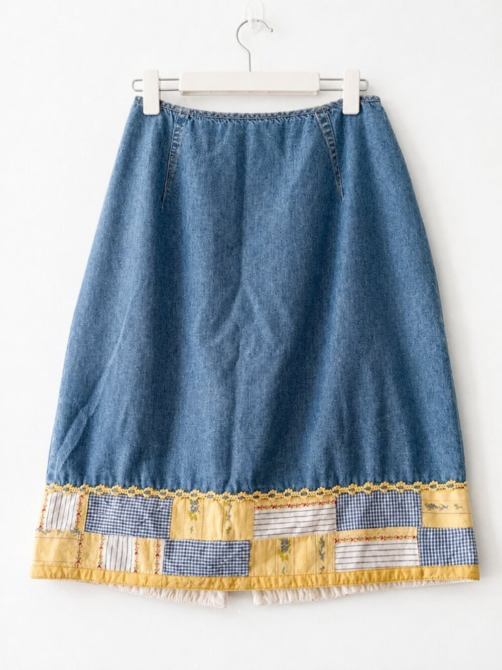 Democracy Weekend Blue Denim Patchwork Embroidered Midi Skirt 8 - Picture 1 of 10